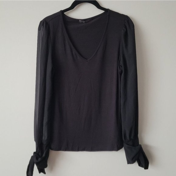 BLACK V-Neck Long Sheer Sleeve Blouse - Picture 2 of 9